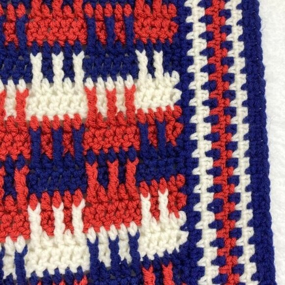 Vintage Crocheted Afghan 54" x 38"Throw Blanket Patriotic Red White Blue - Picture 5 of 11